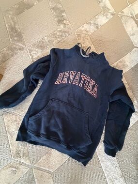 Navy Pullover Hoodie with Red-Outlined HRVATSKA (Croatia) Lettering (unisex)